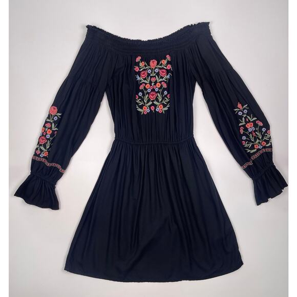 Hollister Size XS Black Floral Embroidered Long‑Sleeve Babydoll Dress - Picture 7 of 13